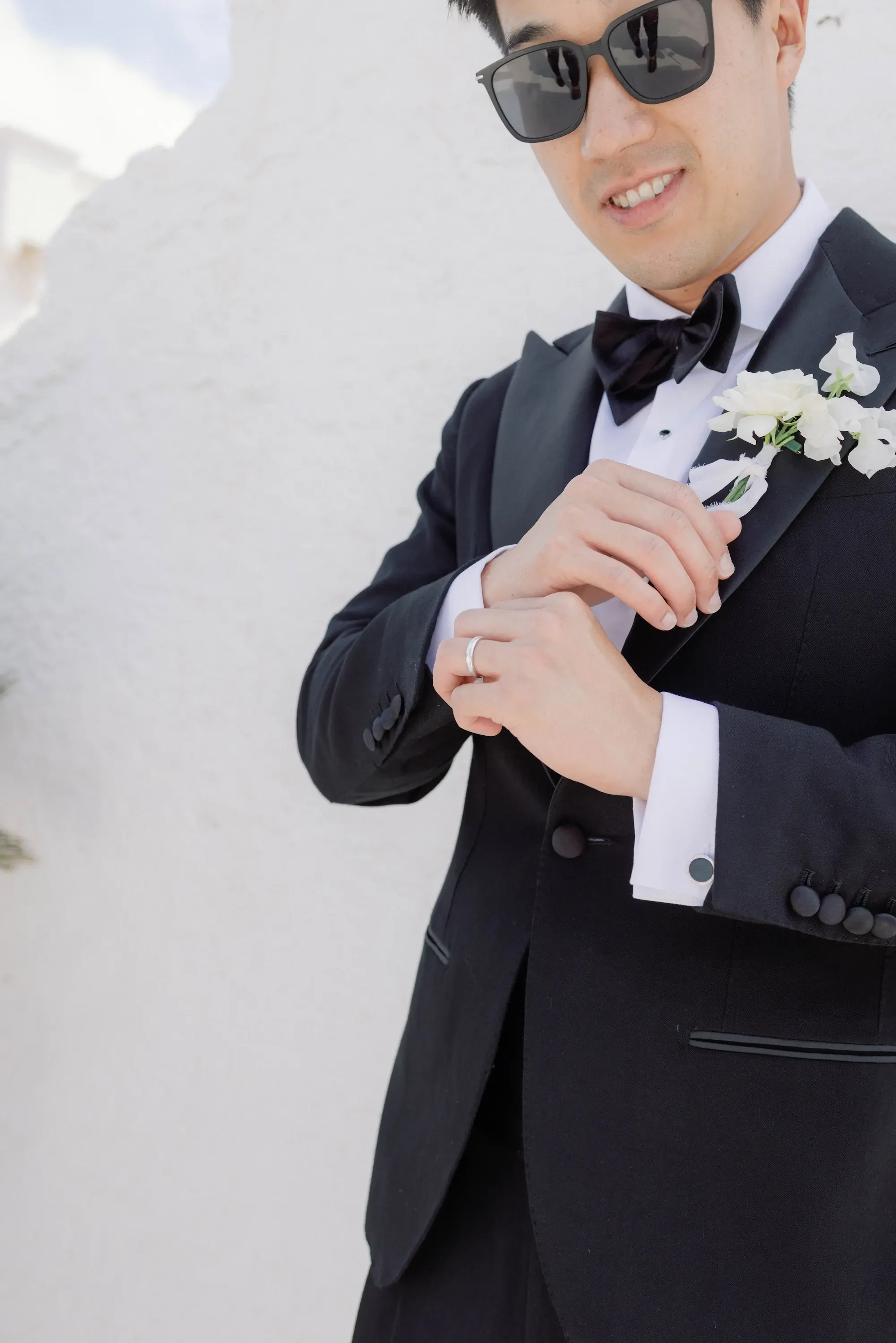 Groom Black Tuxedo Details White Boutonniere And Sunglasses