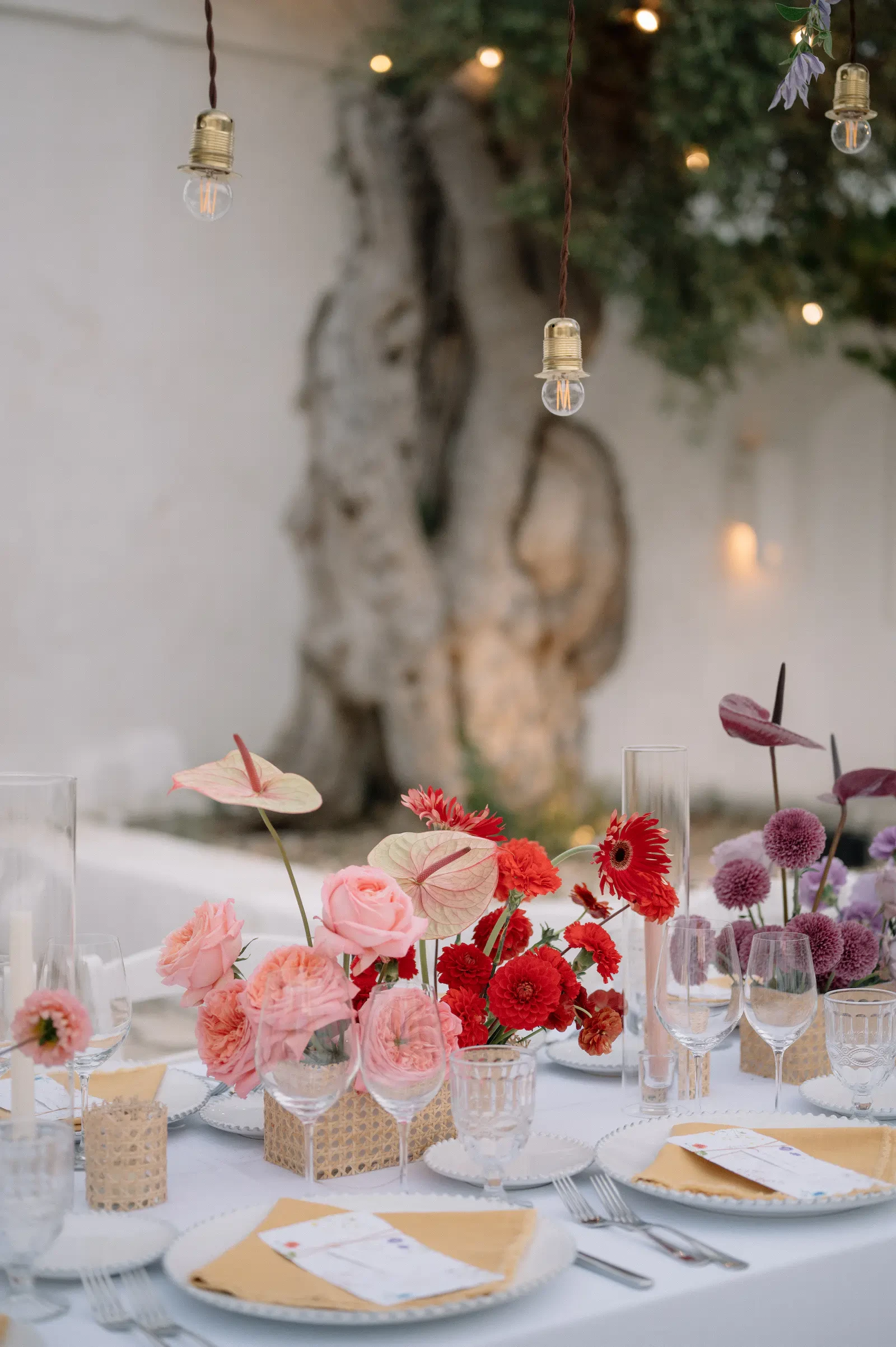 Close Up Wedding Table Floral Centerpiece Anthuriums Roses