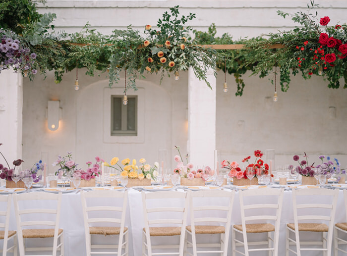 Elegant Outdoor Wedding Reception Table Flowers White Chairs