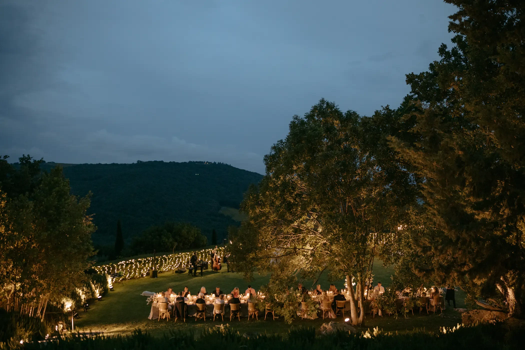 Castello Di Vicarello Tuscany Night Wedding Reception Lawn