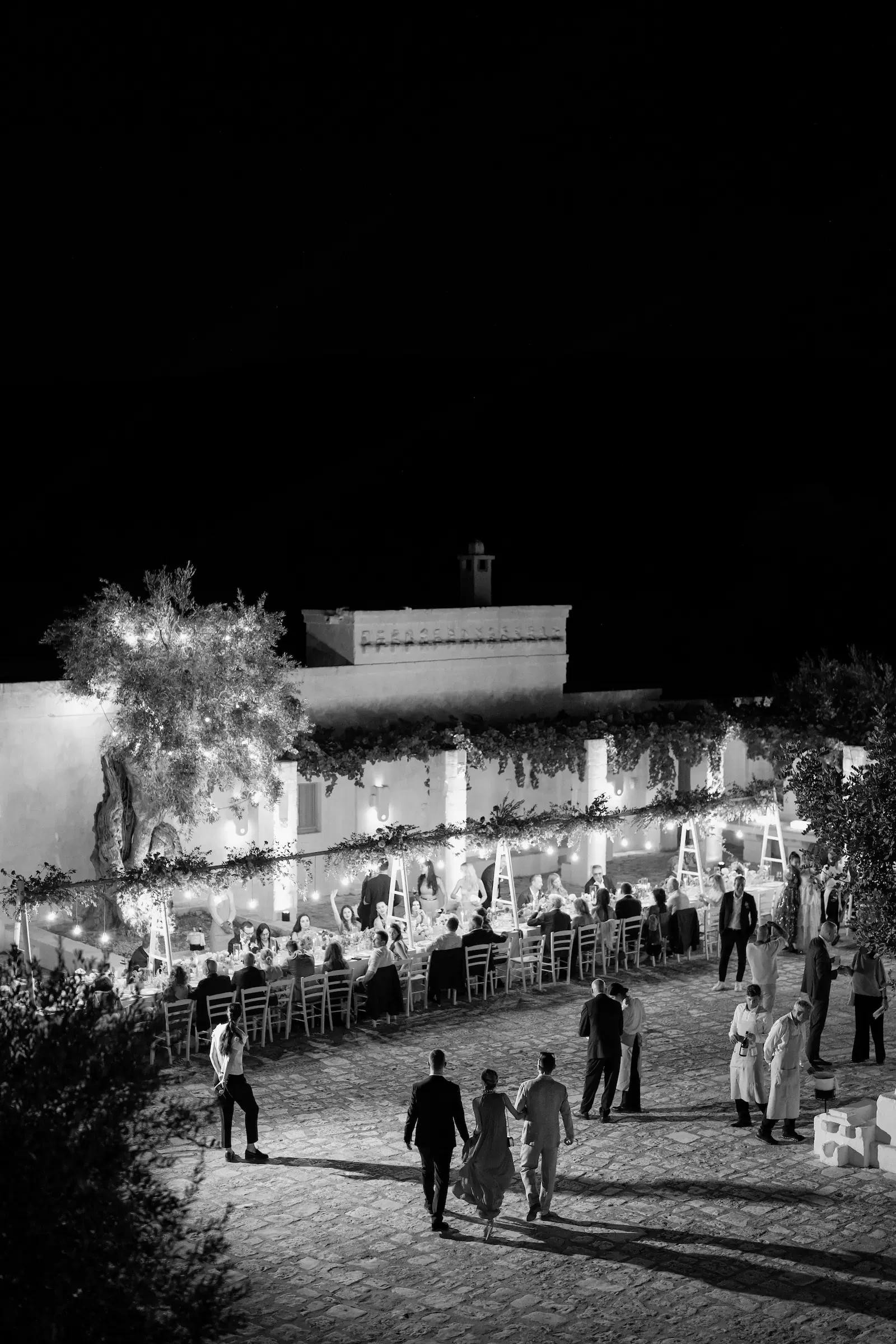 Aerial View Night Wedding Dinner Courtyard