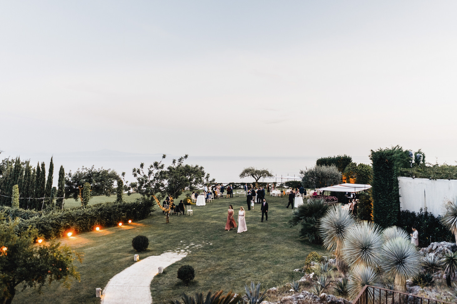 Wedding cocktail on a terrace with sea view