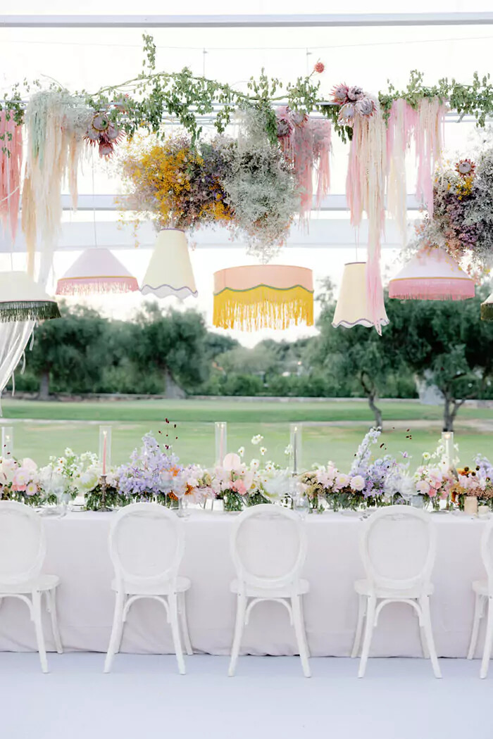 Wedding Reception Head Table Decor With Hanging Lampshades