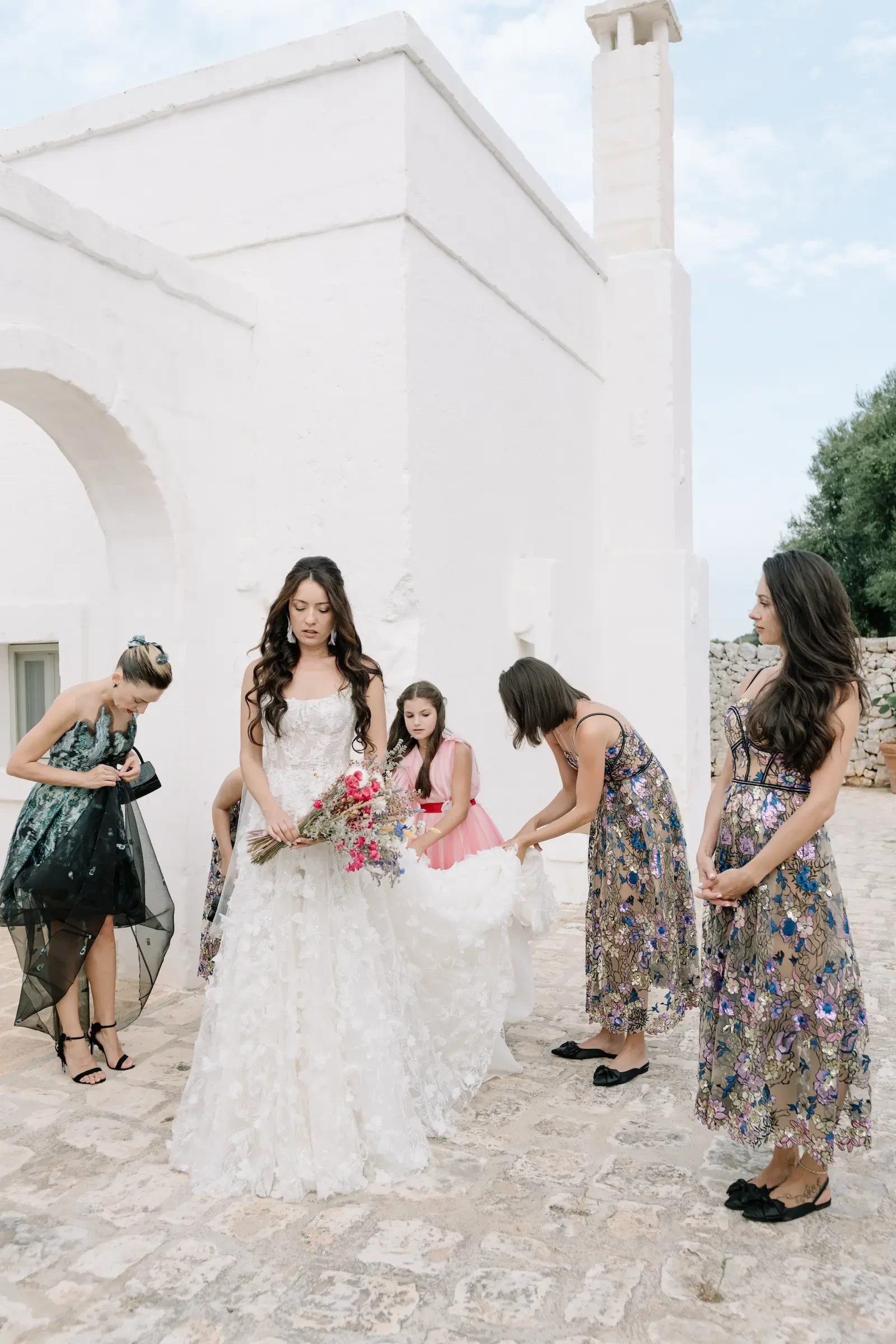 Bridesmaids Adjusting Bride Wedding White Masseria Puglia