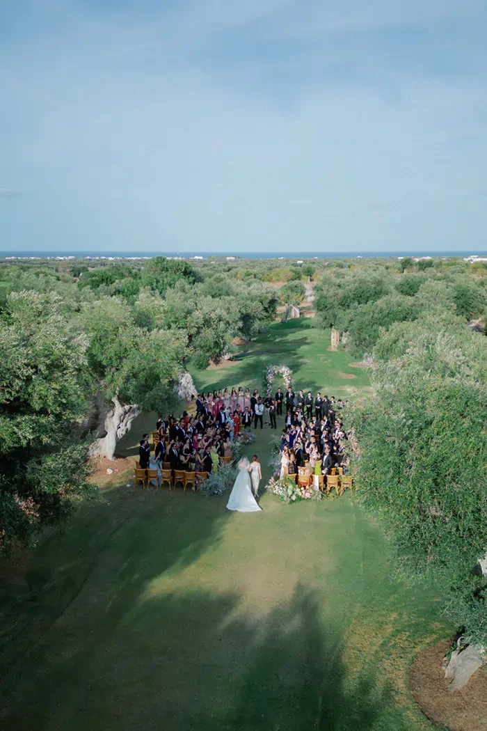 Aerial View Outdoor Wedding Ceremony In Olive Grove