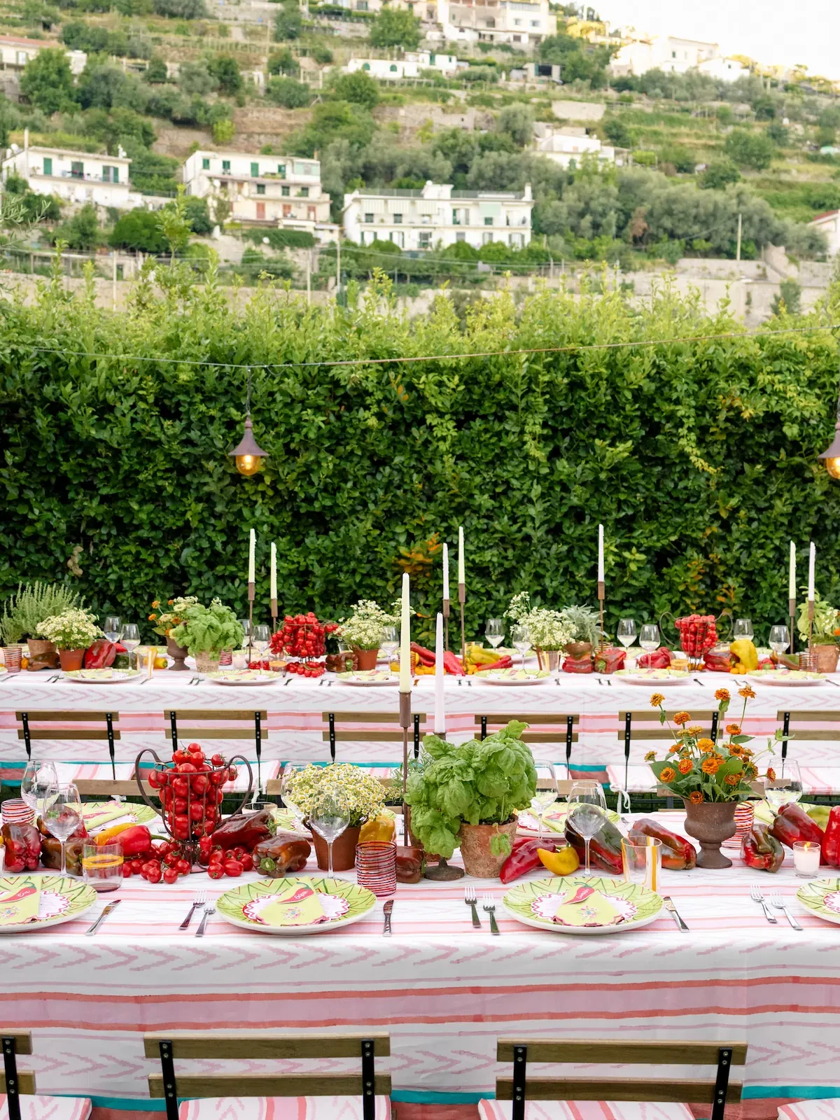 welcome dinner tablesetting with fresh vegetables and flowers