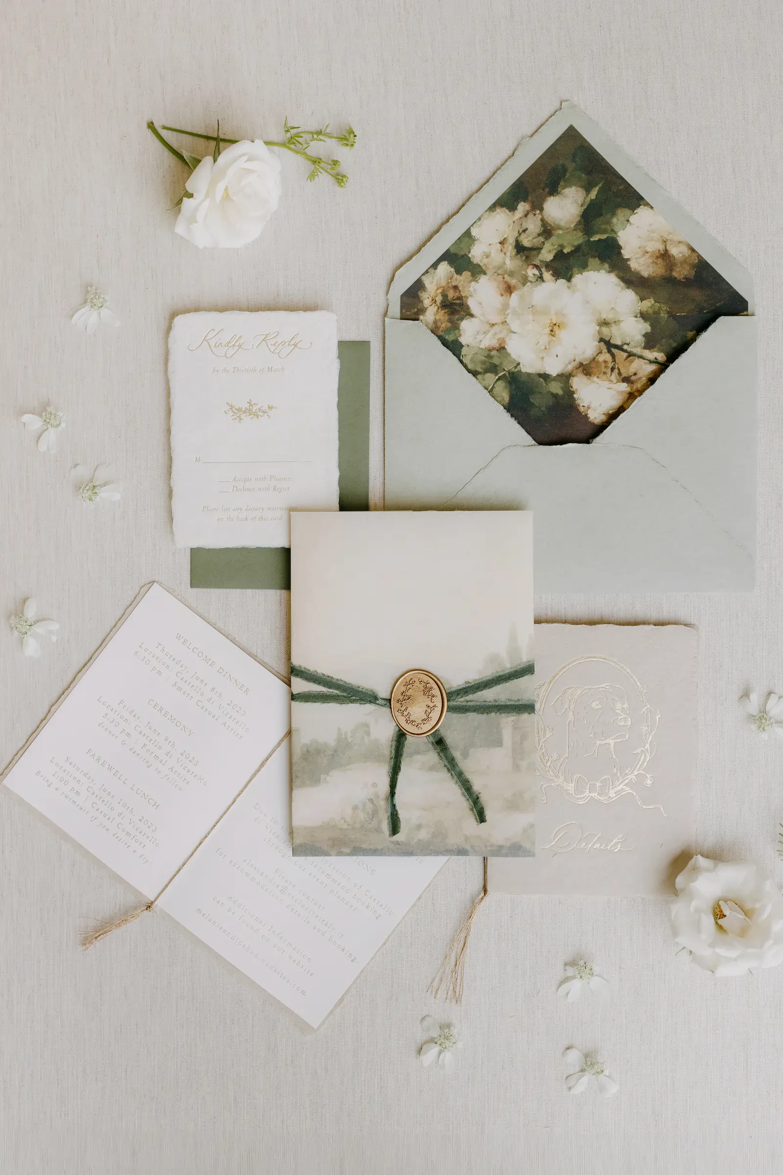 Castello Di Vicarello Tuscany Wedding Invitation Flat Lay